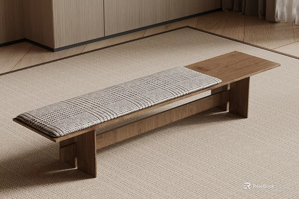 Modern Wooden Bench With Woven Cushion For Indoor Living Space 3d model 