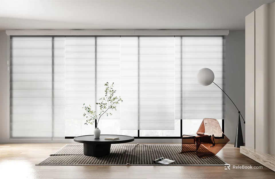 White Venetian Blinds In Modern Living Room With Wooden Floor Floor Lamp And Plant 3d model 