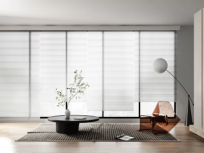 White Venetian Blinds In Modern Living Room With Wooden Floor Floor Lamp And Plant 3d model