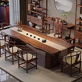 Chinese Style Wooden Tea Table and Chairs in Elegant Living Room with Bookshelves and Decorations