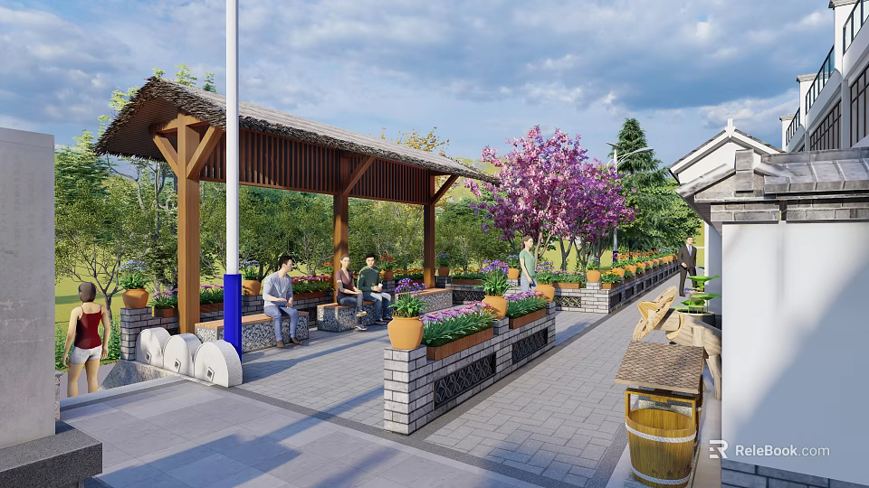 Wooden Pergola With Thatched Roof And Flower Beds In Outdoor Garden Area With People Sitting 3d model 