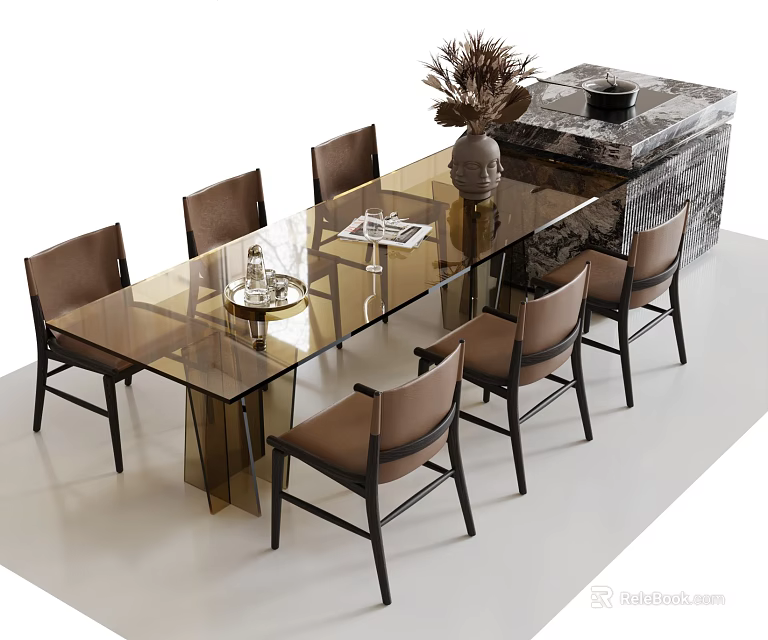 Modern Dining Table Set With Glass Top Metal Legs And Leather Chairs 3d model 
