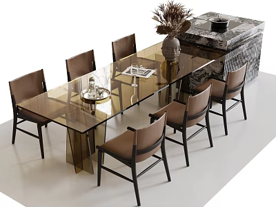 Modern Dining Table Set With Glass Top Metal Legs And Leather Chairs 3d model