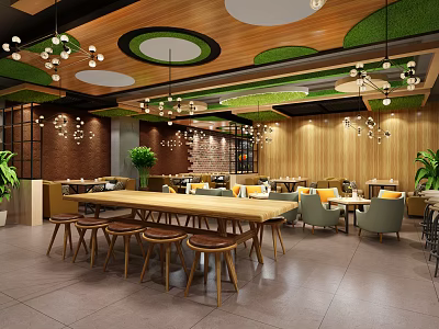 Modern Restaurant Interior With Wooden Walls Green Ceiling Pendant Lights Long Table And Colorful Chairs 3d model