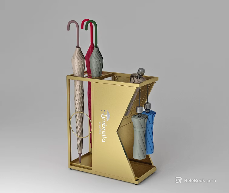 Golden Umbrella Stand With Multiple Umbrellas And Small Daily Essentials Storage 3d model 
