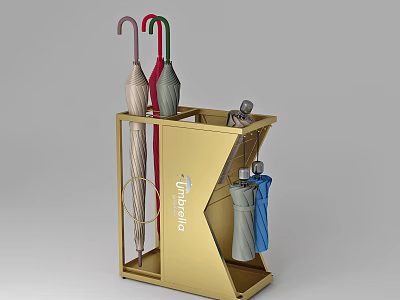 Golden Umbrella Stand With Multiple Umbrellas And Small Daily Essentials Storage 3d model