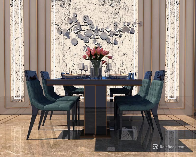 Elegant Dining Table Set With Teal Chairs Pink Flowers And Decorative Wall Art 3d model 