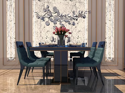 Elegant Dining Table Set With Teal Chairs Pink Flowers And Decorative Wall Art 3d model