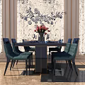 Elegant Dining Table Set With Teal Chairs Pink Flowers And Decorative Wall Art