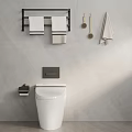 Modern Bathroom White Toilet With Wall Mounted Towel Rack Towels And Toilet Brush
