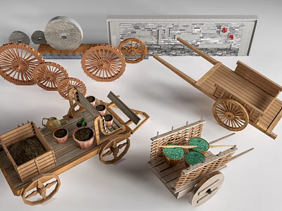 Wooden Garden Decor Pieces With Wheeled Carts Flower Pots Plants And Decorative Wheels 3d model