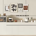 White Modern Dining Sideboard With Microwave Coffee Maker Jars And Wall Art Decor 3d model