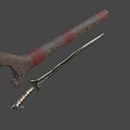 Sword Weapon With Wooden Hilt Red Wrapping And Silver Curved Engraved Blade