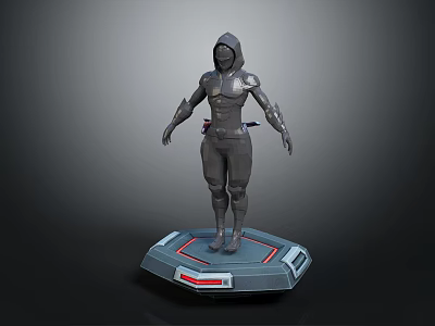 Game Movie Character 3D Model in Hooded Outfit Tight Fitting Suit on Platform Base 3d model