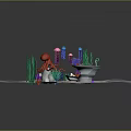 Vibrant Underwater Scene With Sandy Seabed Green Seaweed Pink Blue Jellyfish And Red Octopus