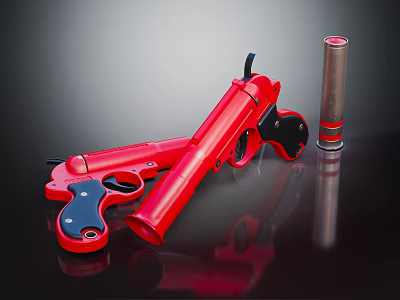 Red Toy Gun With Black Grip And Silver Cylinder Accessory On Dark Surface 3d model