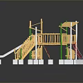 Wooden Children's Playground Structure With Slide Climbing Frame Stairs And Green Pillars