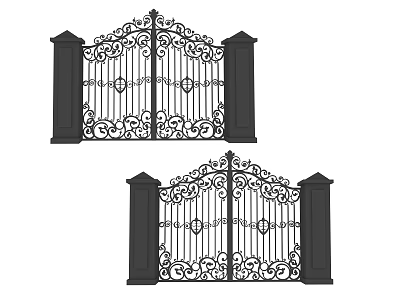 Black Iron Double Gates With Ornate Patterns And Decorative Pillars Design 3d model