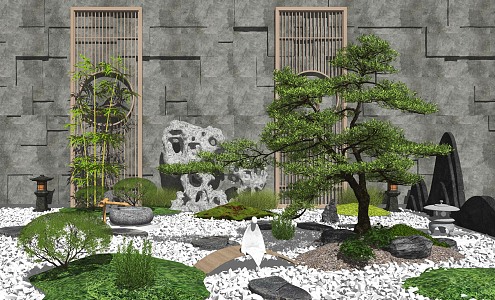 New Chinese style landscape sketch courtyard landscape stone plants 3d model