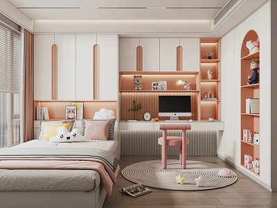 Tatami Bedroom Interior Design With Cozy Bed Desk Computer Bookshelves Stuffed Toys Round Rug 3d model