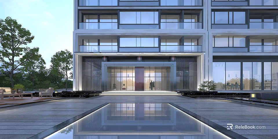 Modern Building Entrance Door With Glass Curtain Wall And Water Reflection 3d model 