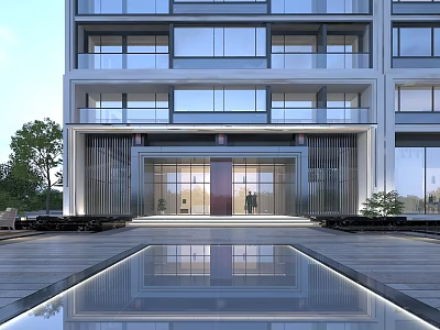 Modern Building Entrance Door With Glass Curtain Wall And Water Reflection 3d model