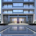 Modern Building Entrance Door With Glass Curtain Wall And Water Reflection