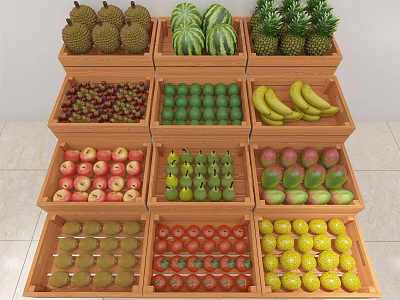 Fresh Assorted Fruits Displayed in Wooden Crates with Durian Watermelon Pineapple and More 3d model