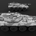Two Military Wheeled Armored Vehicles with Camouflage Pattern and Combat Features