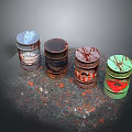 Colored Food Storage Containers With Scattered Debris On Dark Surface