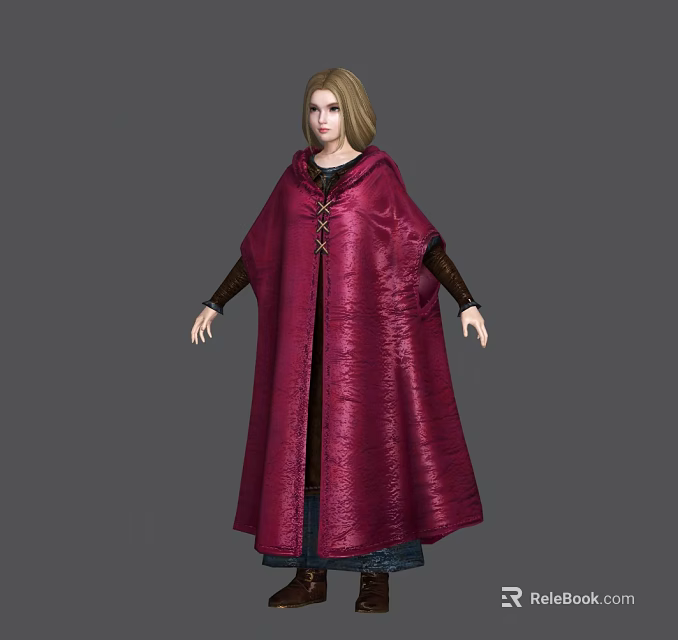 Game and Movie Character Wearing Red Velvet Cloak Gold Trim Long Blond Hair Medieval Design 3d model 