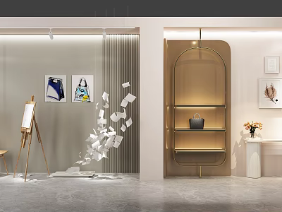 Elegant Window Display With Golden Arched Shelf Black Handbag Easel Flowers And Floating Papers 3d model