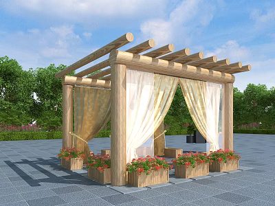 Wooden Pergola With Curtains And Flower Boxes In Outdoor Garden Setting 3d model