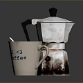 Daily Life Essentials Ceramic Coffee Mug With Stirrer And Rustic Moka Pot 3d model