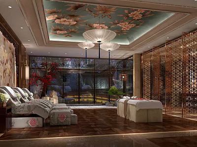 Elegant SPA Sauna Interior Design With Decorative Ceiling Massage Beds And Screen Partitions 3d model