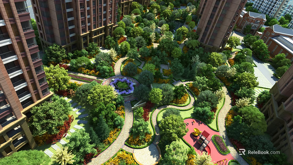 Residential Garden Landscape With High Rise Buildings Green Trees Winding Paths And Flower Bed 3d model 