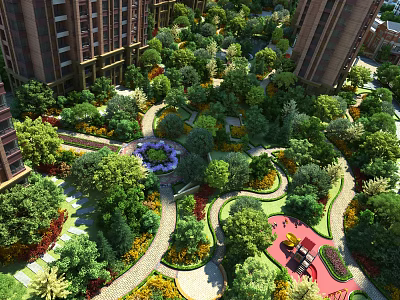 Residential Garden Landscape With High Rise Buildings Green Trees Winding Paths And Flower Bed 3d model