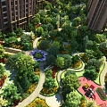 Residential Garden Landscape With High Rise Buildings Green Trees Winding Paths And Flower Bed