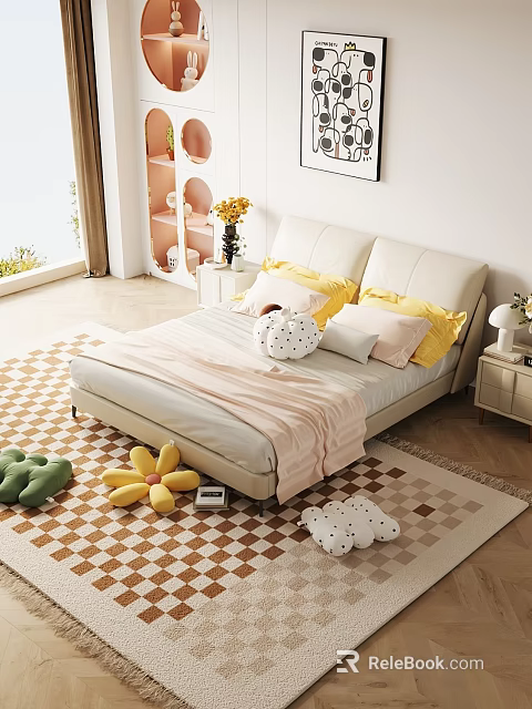 Double Bed With White Leather Headboard Yellow Pink Pillows Light Sheet And Flower Shaped Dolls 3d model 