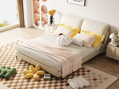 Double Bed With White Leather Headboard Yellow Pink Pillows Light Sheet And Flower Shaped Dolls 3d model