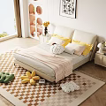 Double Bed With White Leather Headboard Yellow Pink Pillows Light Sheet And Flower Shaped Dolls
