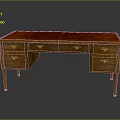 Vintage Wooden Writing Desk with Red Leather Desktop and Gold Decorative Handles