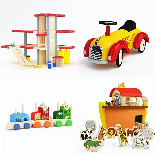 Colorful Wooden Toys Collection Featuring Toy Car Train Noahs Ark And Animal Figures 3d model 
