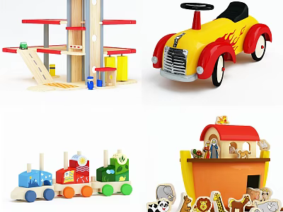Colorful Wooden Toys Collection Featuring Toy Car Train Noahs Ark And Animal Figures 3d model