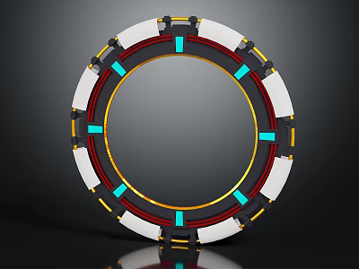 Futuristic Circular Ring Structure With White Red Turquoise And Gold Accents 3d model