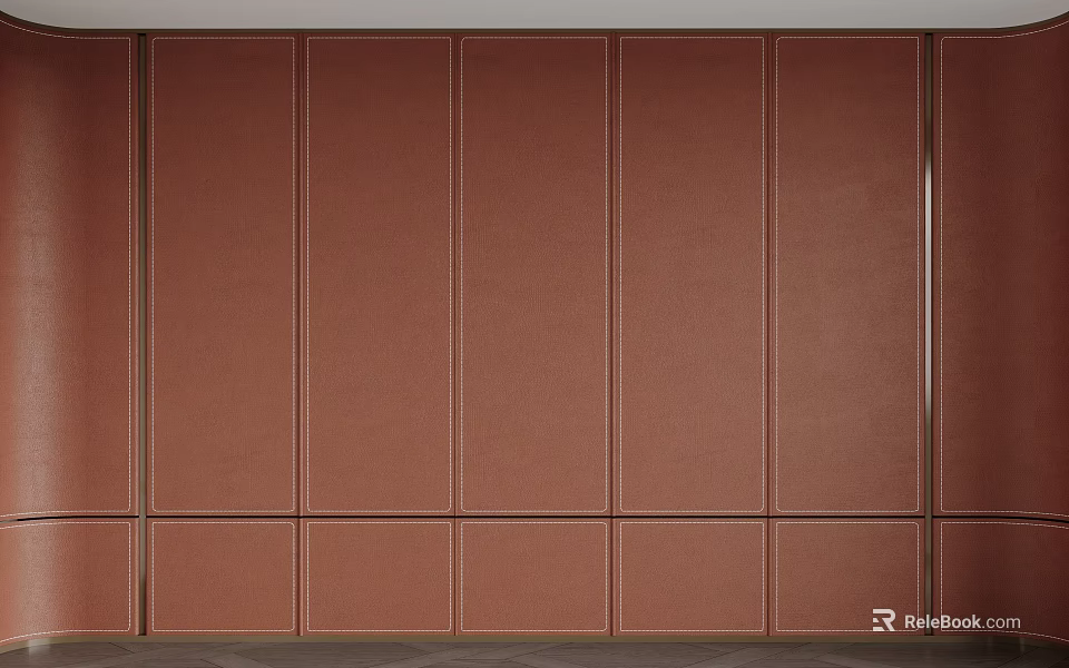 Brown Upholstered Bed Background Wall With Vertical Panels And Horizontal Base Design 3d model 
