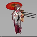Female Character In Traditional Outfit Holding Red Umbrella With Three Swords Behind Back