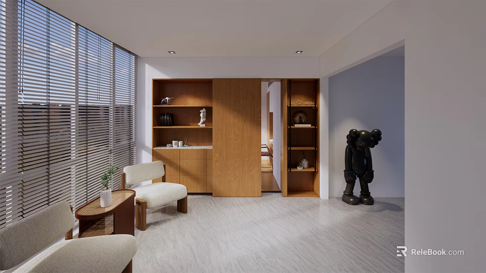 Modern Study Room Interior with Wooden Shelves Decorative Items Black Sculpture and Window Blinds 3d model 