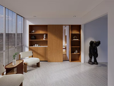 Modern Study Room Interior with Wooden Shelves Decorative Items Black Sculpture and Window Blinds 3d model