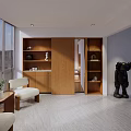 Modern Study Room Interior with Wooden Shelves Decorative Items Black Sculpture and Window Blinds
